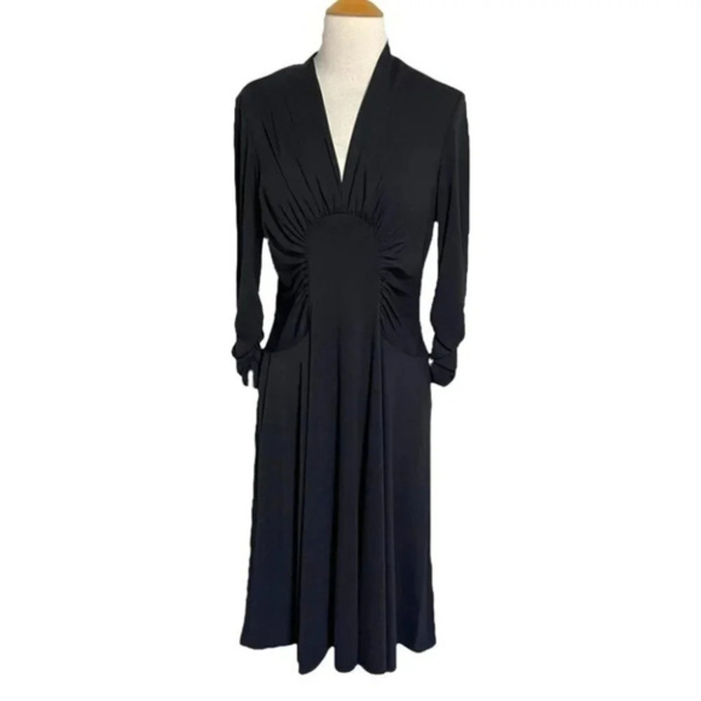 Y2K Spiegel Midi Dress Medium Black Ruched Sunburst V-Neck Long Sleeve Vintage